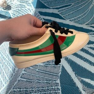 Gucci White Patent Leather Falacer Web Low Top Sneakers Size 38.5